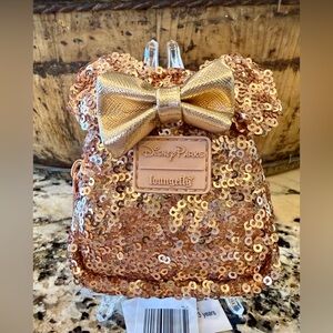NWT Loungefly Minnie Mouse Rose Gold Sequin Mini Backpack Bag Charm
